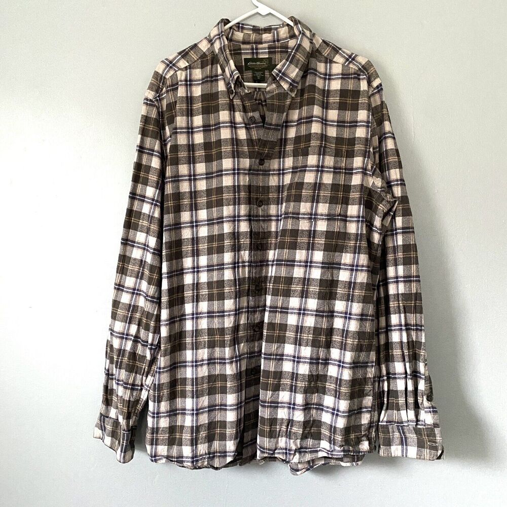 Eddie Bauer Flannel Shirt Mens Size XL Tall Brown Plaid Button Down Outdoor Gorp